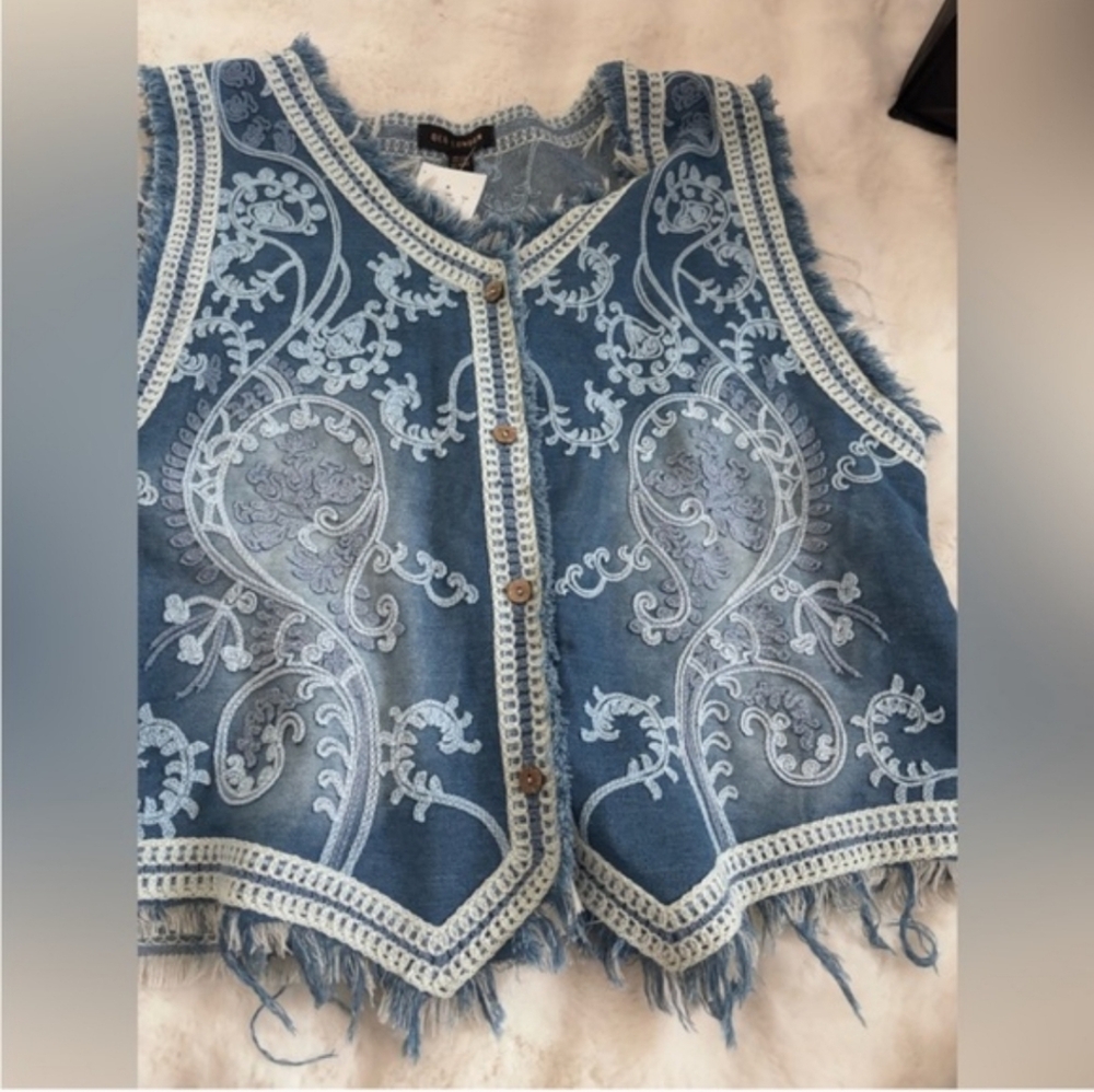 QED London Blue Embroidered Fringe Vest